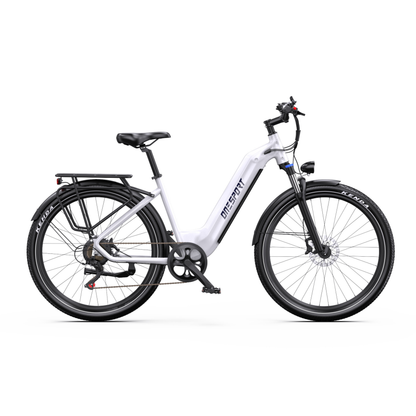 Bicicleta eléctrica OneSport WT05 en blanco, vista lateral con portaequipajes, guardabarros y freno de disco delantero