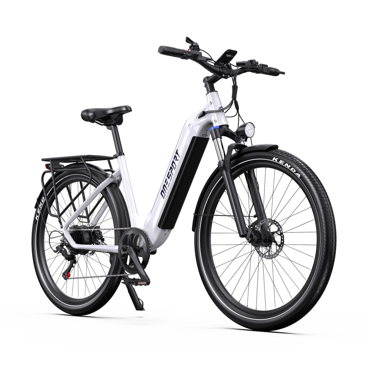 Bicicleta eléctrica OneSport WT05 vista en diagonal desde delante con cuadro blanco, faro delantero y portaequipajes