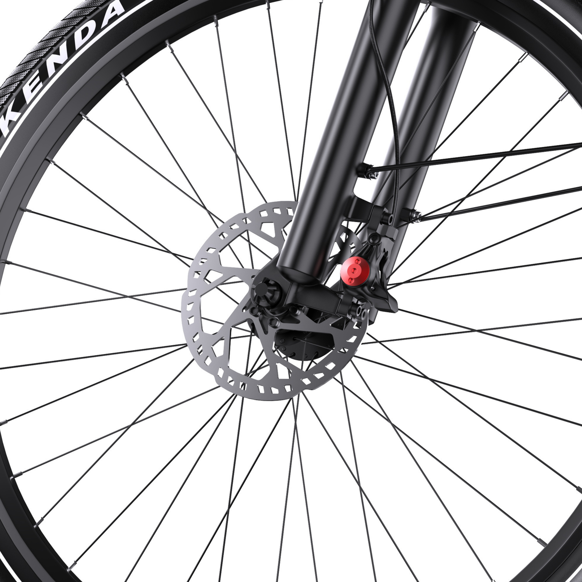 Primer plano de la rueda delantera de la OneSport WT05 con radios, freno de disco y horquilla negra