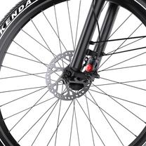 Primer plano de la rueda delantera de la OneSport WT05 con radios, freno de disco y horquilla negra
