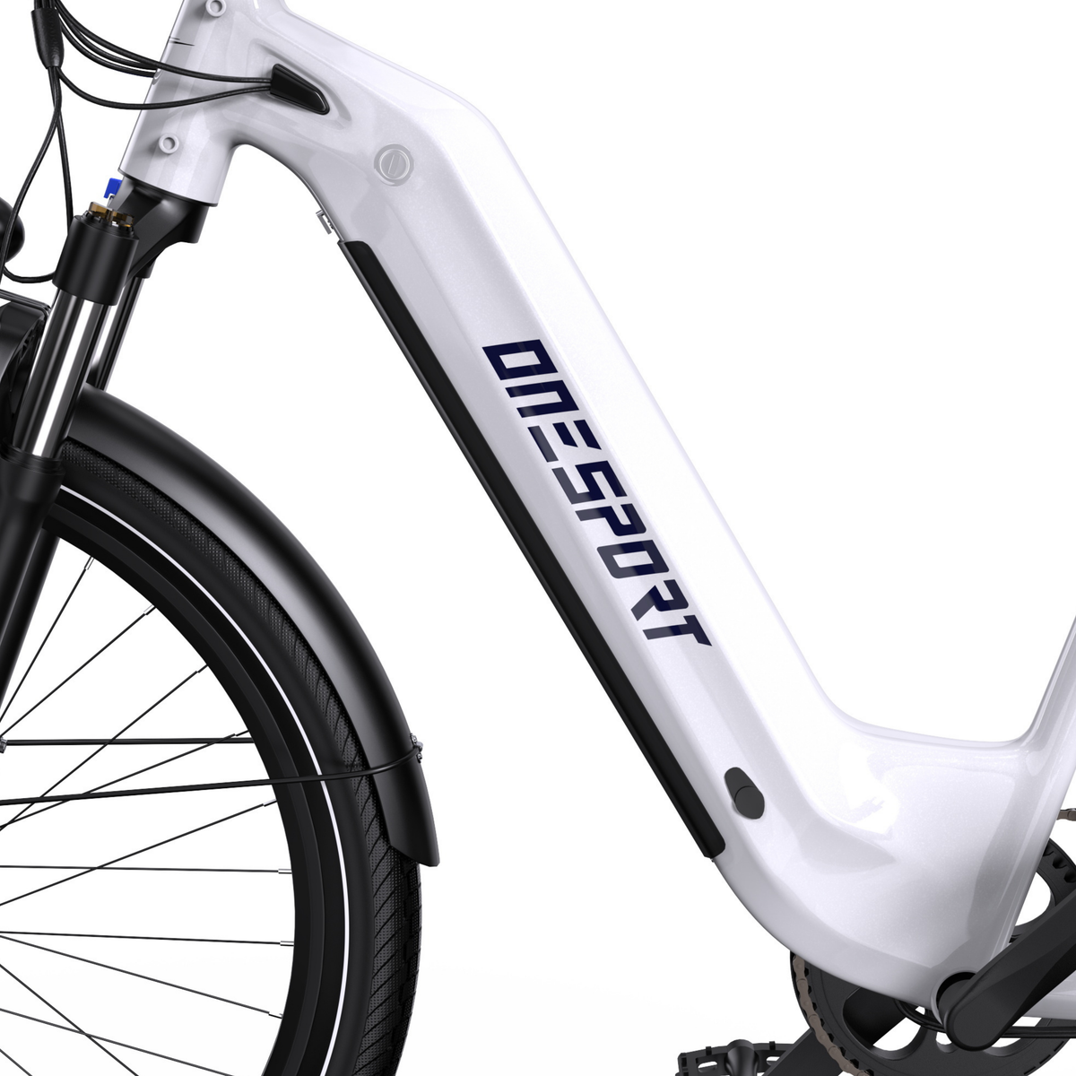 OneSport WT05 vista lateral del cuadro blanco con paso bajo, logotipo, guardabarros y rueda delantera