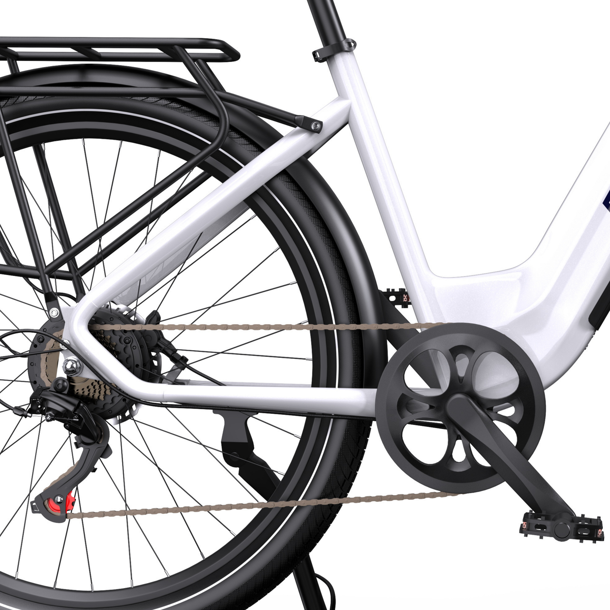 OneSport WT05, primer plano del cuadro trasero, portaequipajes, cadena, cassette, plato y pedal