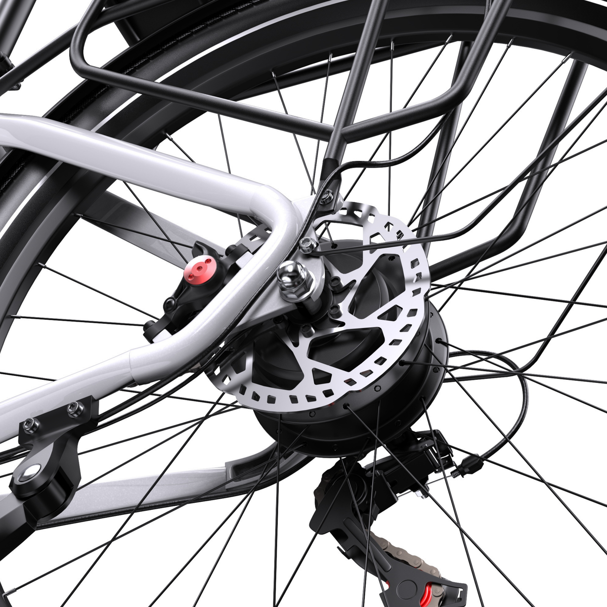 OneSport WT05 primer plano del buje de la rueda trasera con freno de disco, portaequipajes y cambio trasero