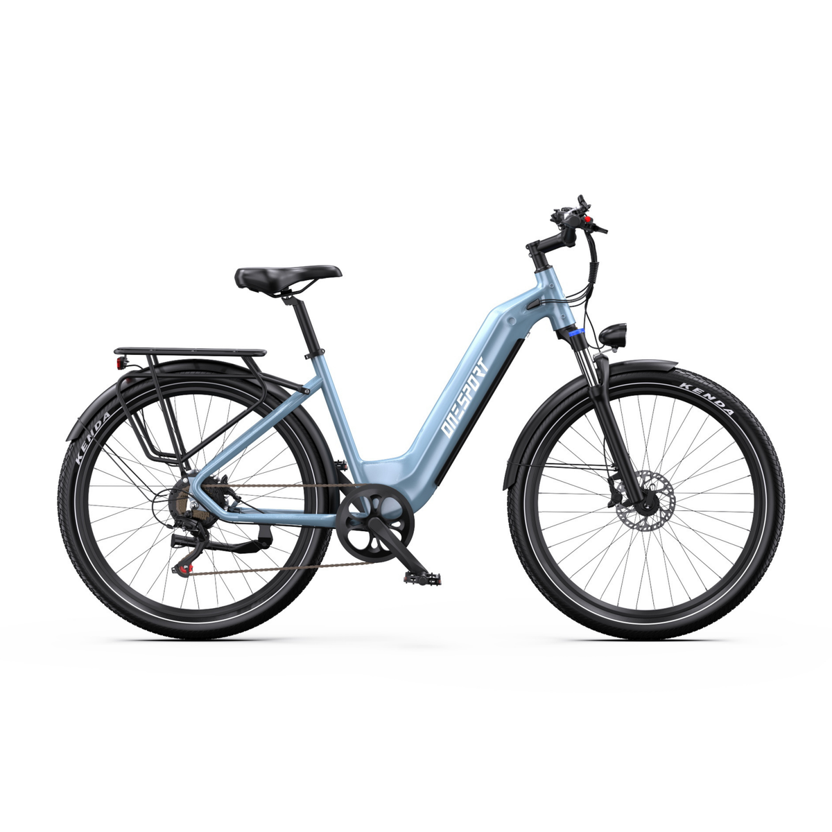 Bicicleta eléctrica OneSport WT05 en azul claro, vista lateral, con portaequipajes, guardabarros y freno de disco