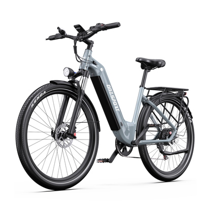 Bicicleta eléctrica OneSport WT05 gris vista en diagonal desde delante con cuadro de paso bajo, guardabarros y portaequipajes