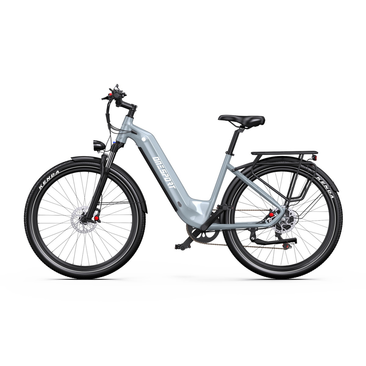 Bicicleta eléctrica OneSport WT05 gris vista de lado con cuadro de paso bajo y portaequipajes trasero