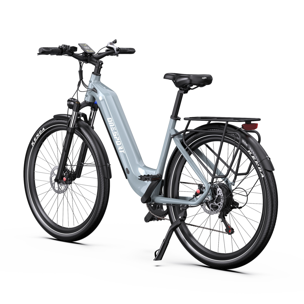 Bicicleta eléctrica OneSport WT05 gris vista en diagonal desde atrás con portaequipajes, luz trasera y pata de cabra