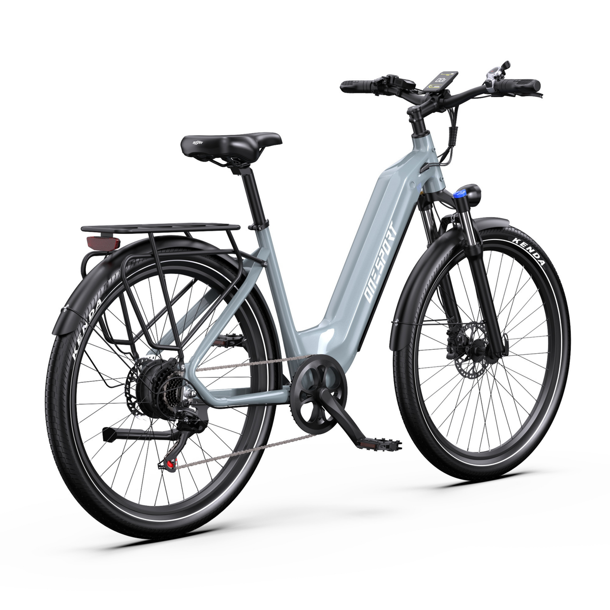 Bicicleta eléctrica OneSport WT05 vista en diagonal desde atrás con cuadro gris, portaequipajes trasero y pantalla en el manillar