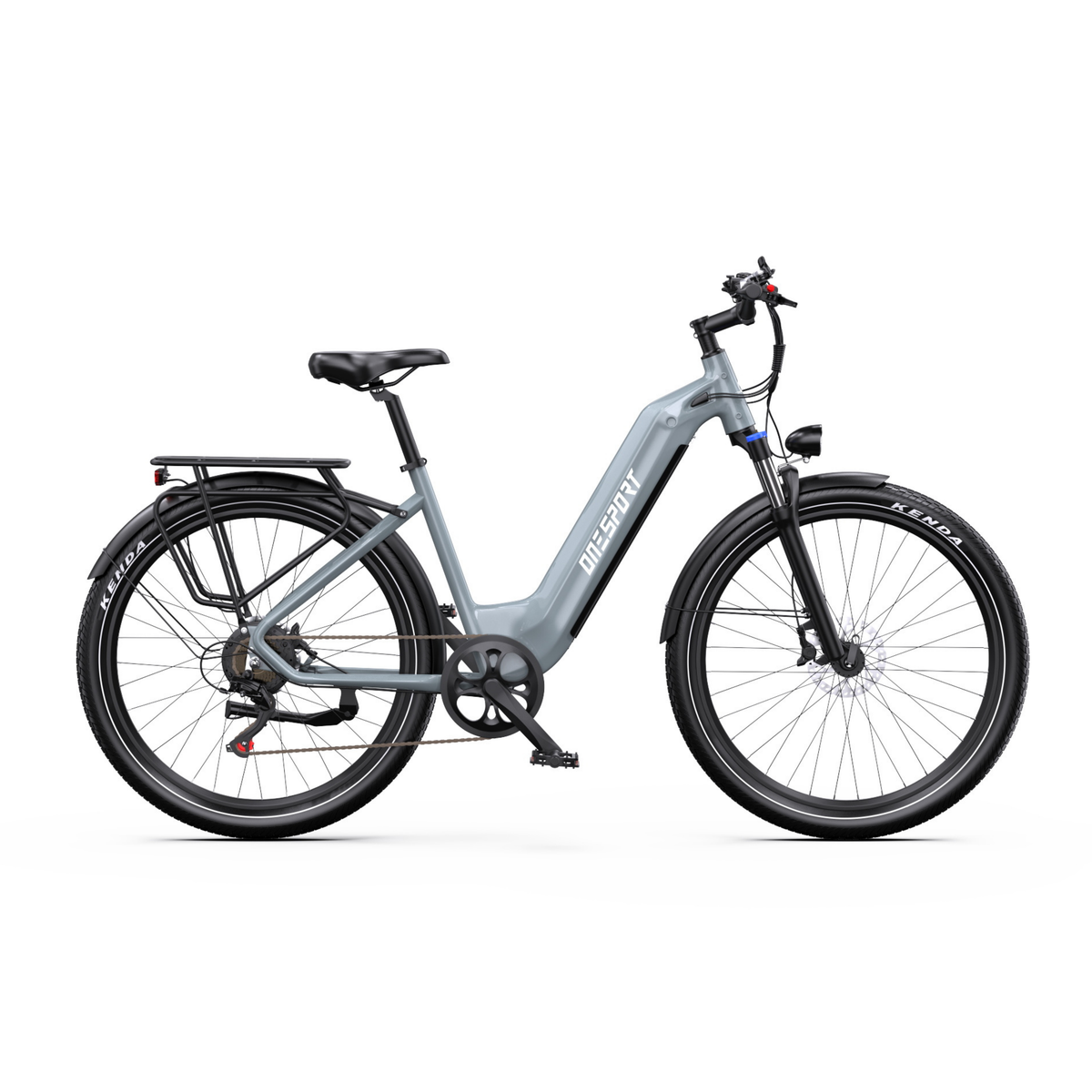 Bicicleta eléctrica OneSport WT05 en vista lateral con cuadro gris, cuadro de paso bajo, portaequipajes y guardabarros sobre las ruedas