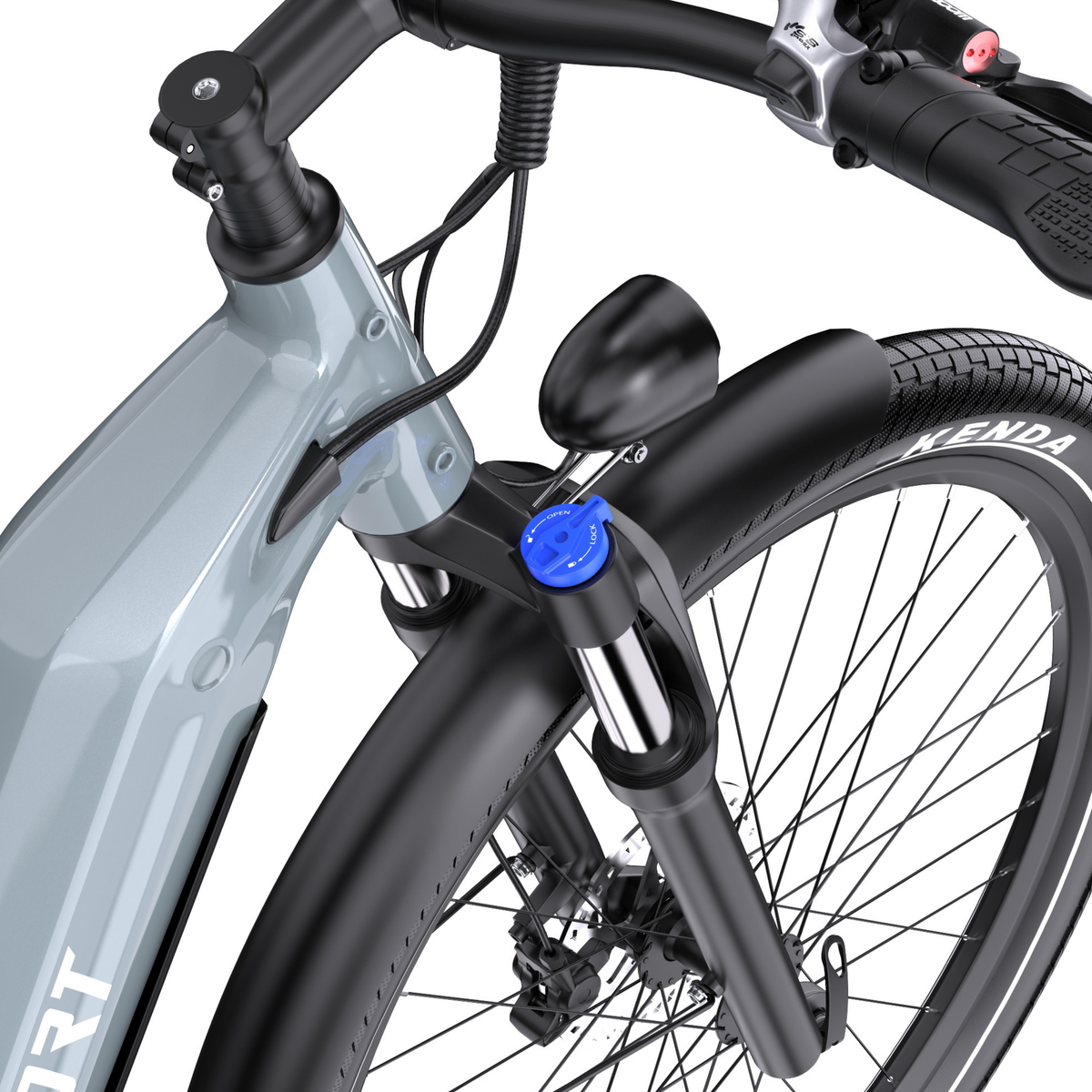 OneSport WT05, primer plano de la horquilla delantera con mando azul, luz, guardabarros delantero y neumático Kenda