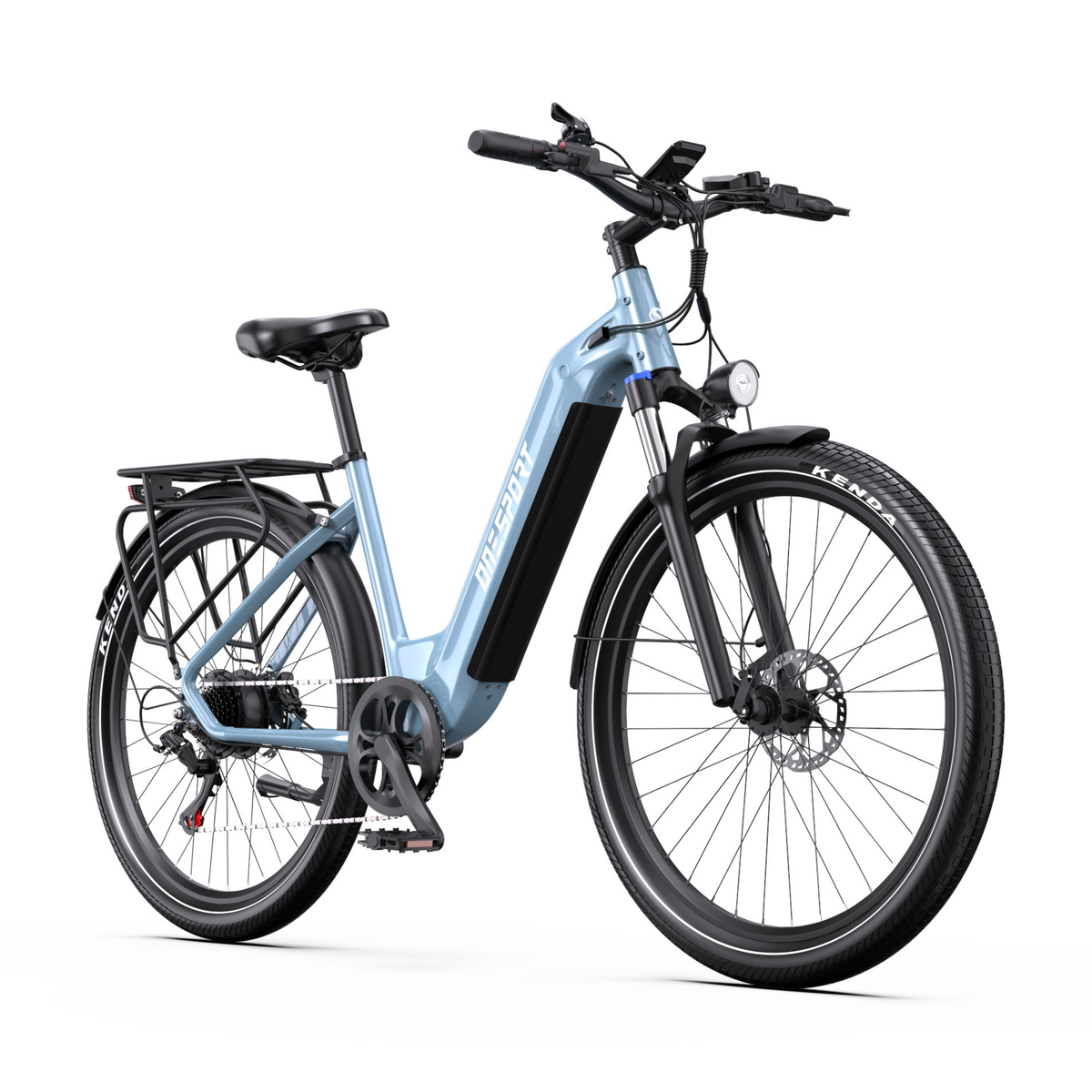 Bicicleta eléctrica OneSport WT05 en azul claro, vista en diagonal desde delante, con panel negro de la batería, faro y portaequipajes