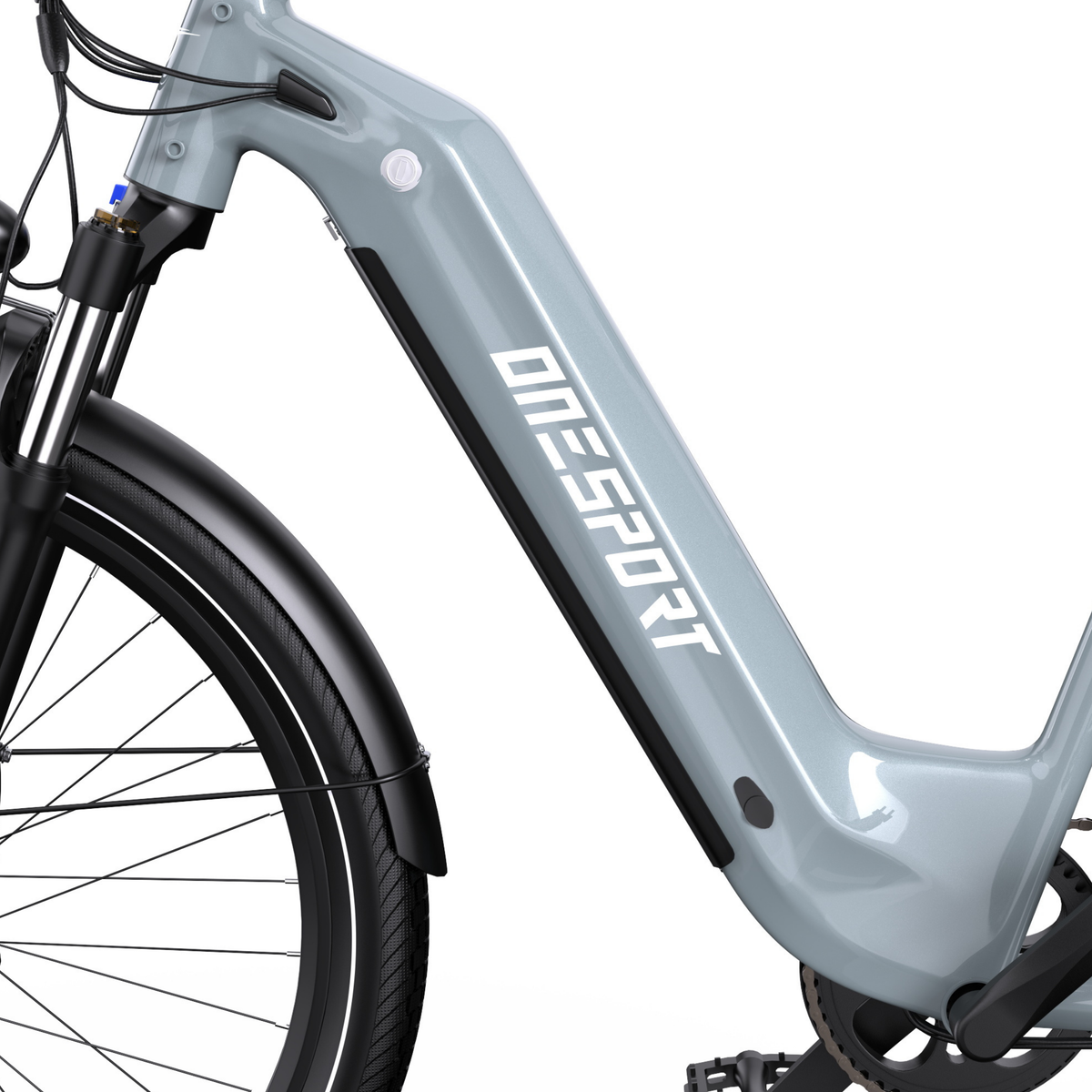 OneSport WT05, vista lateral del cuadro gris con logotipo de OneSport, rueda delantera, guardabarros y pedal