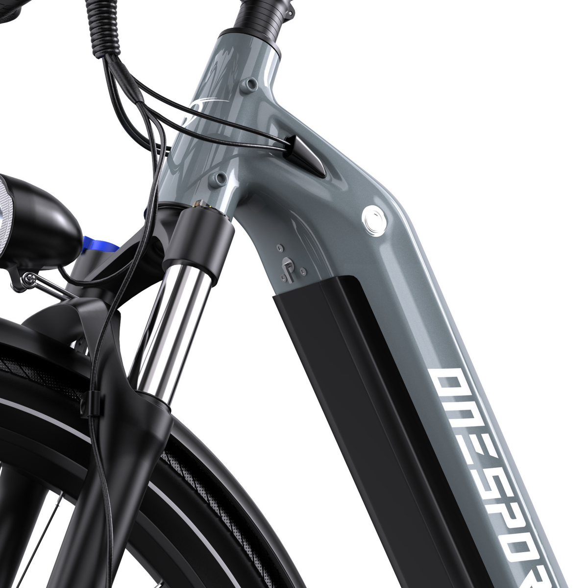 OneSport WT05, primer plano de la potencia, los cables, la horquilla delantera, el faro y el cuadro gris con una pieza negra