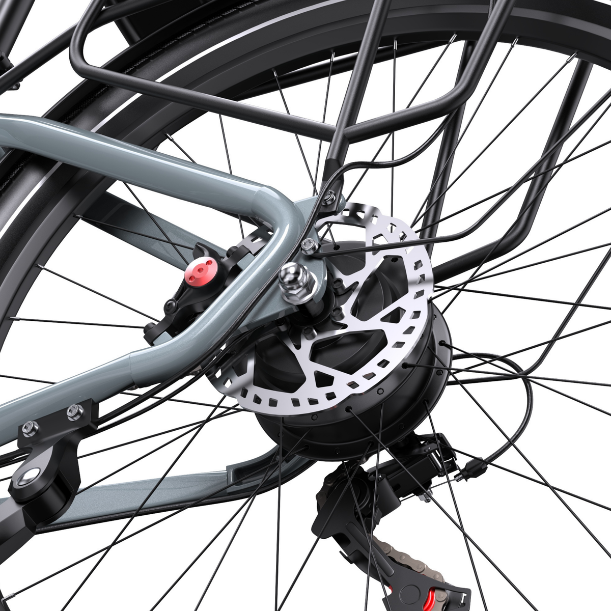 Buje trasero de la OneSport WT05 con disco de freno, pinza, portaequipajes y cambio trasero en primer plano