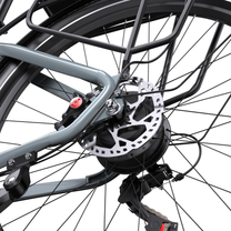 Buje trasero de la OneSport WT05 con disco de freno, pinza, portaequipajes y cambio trasero en primer plano