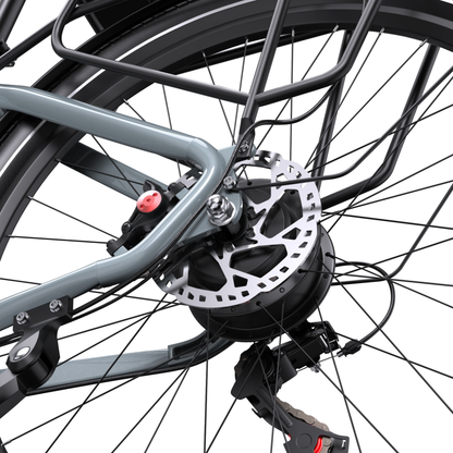 Buje trasero de la OneSport WT05 con disco de freno, pinza, portaequipajes y cambio trasero en primer plano