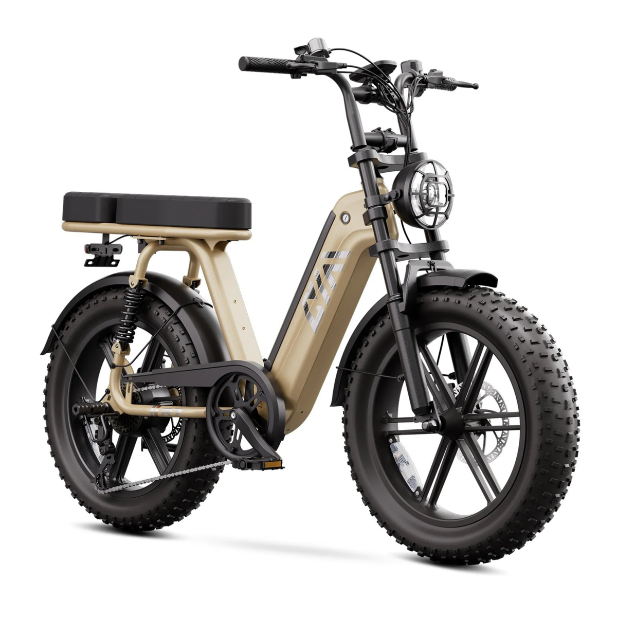 Bicicleta eléctrica fat bike TST R7 en vista frontal en ángulo desde el lado opuesto en color beige