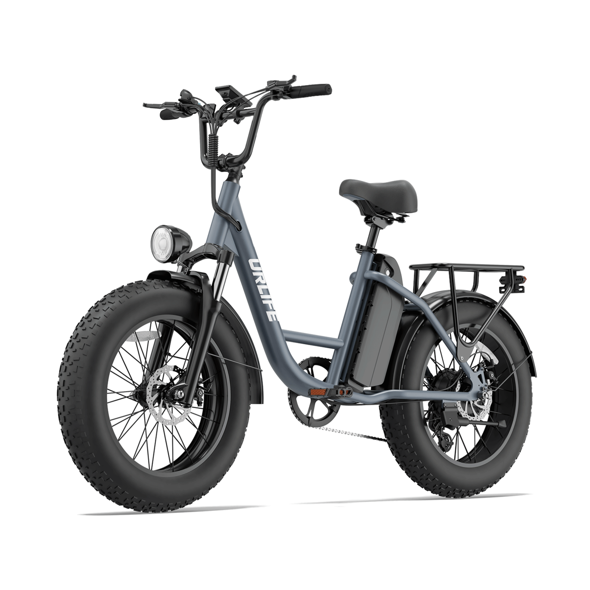 URLIFE E20 Pro, bicicleta eléctrica gris con neumáticos gruesos y portaequipajes, vista frontal en ángulo