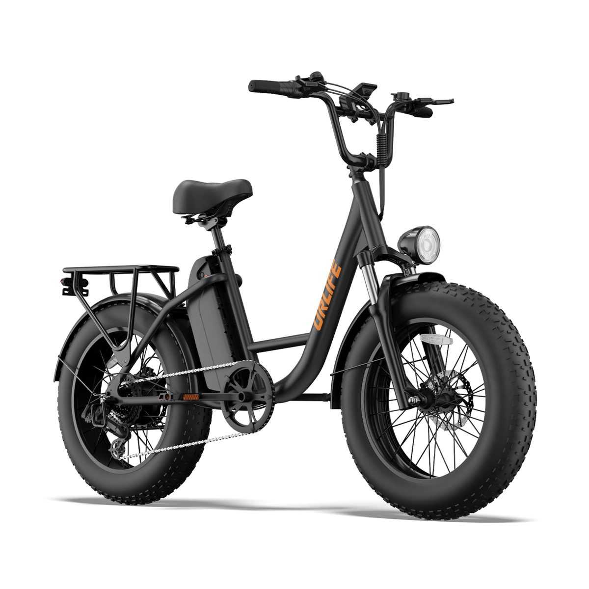 URLIFE E20 Pro, bicicleta eléctrica negra vista frontal en ángulo con faro, portaequipajes y neumático grueso