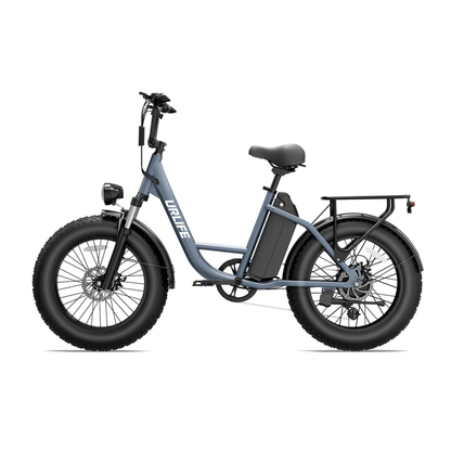 URLIFE E20 Pro, bicicleta eléctrica gris con neumáticos gruesos y portaequipajes, vista lateral