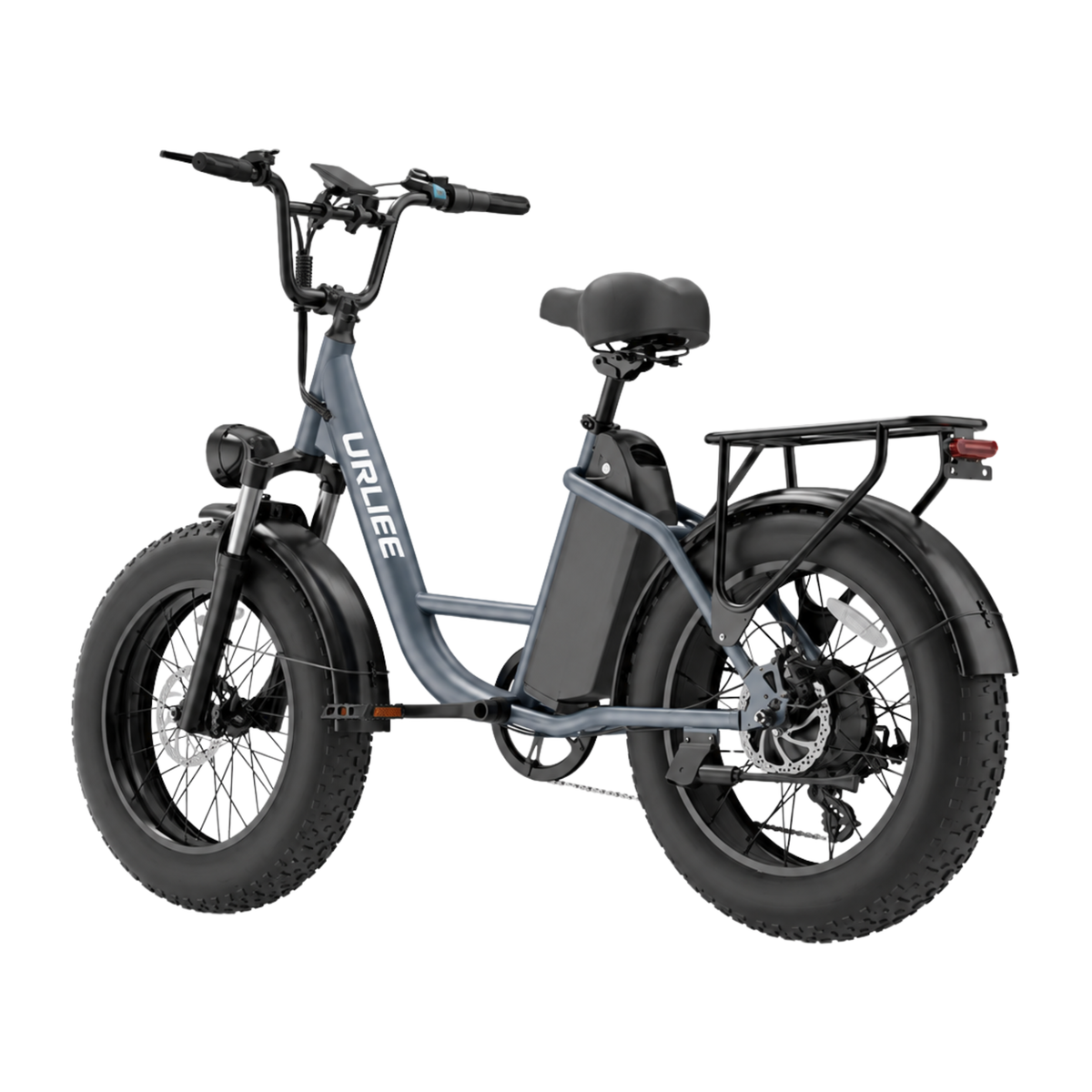 URLIFE E20 Pro, bicicleta eléctrica gris con neumáticos gruesos y portaequipajes, vista trasera en ángulo
