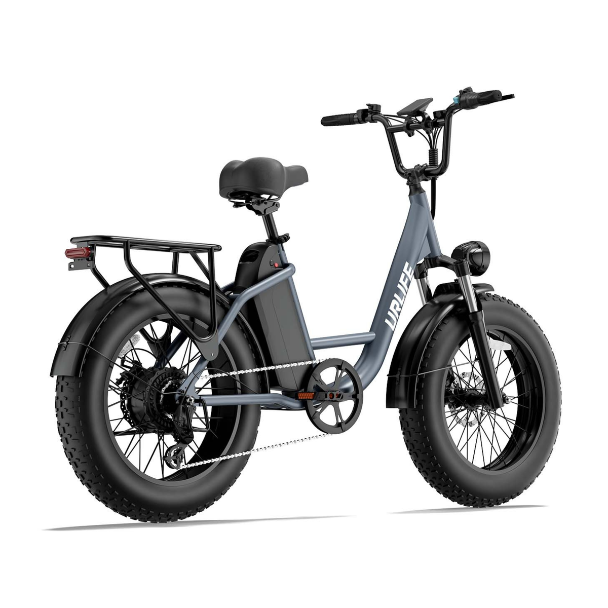 URLIFE E20 Pro, bicicleta eléctrica gris con neumáticos gruesos y portaequipajes, vista trasera desde la derecha