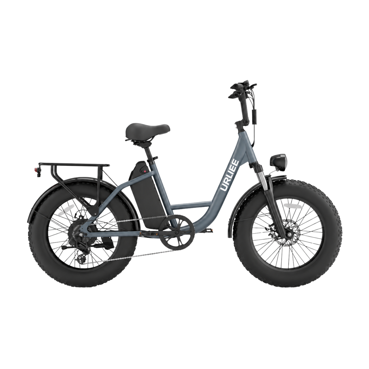 URLIFE E20 Pro, bicicleta eléctrica gris azulado con neumáticos gruesos y portaequipajes, vista lateral