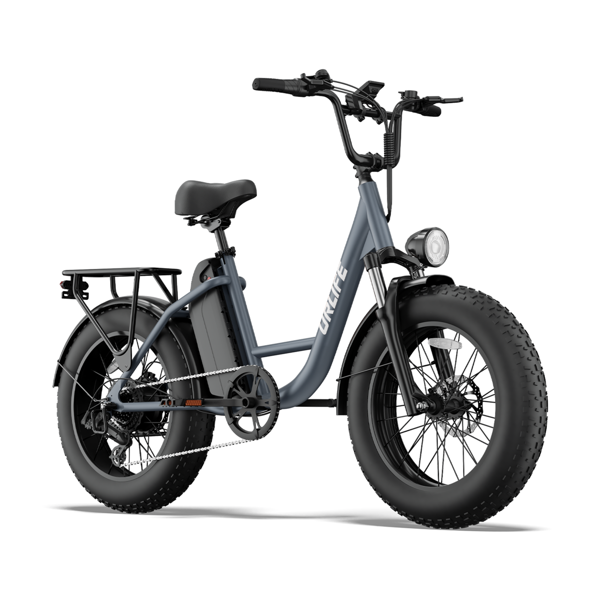 URLIFE E20 Pro, bicicleta eléctrica gris azulado con neumáticos gruesos y portaequipajes, vista frontal en ángulo