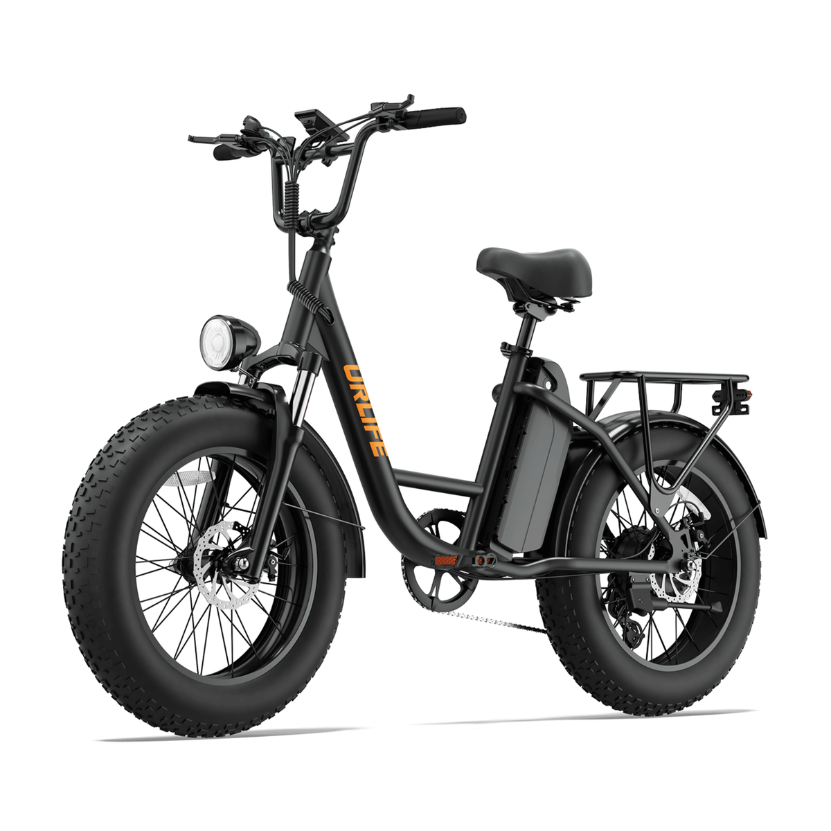 URLIFE E20 Pro, bicicleta eléctrica negra con neumáticos gruesos y logotipo naranja, vista frontal en ángulo
