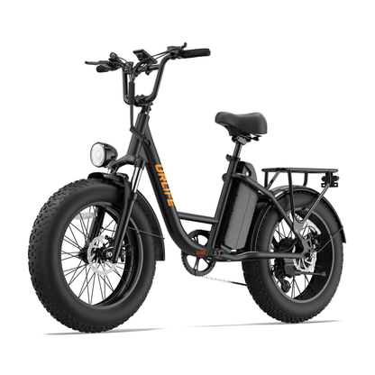 URLIFE E20 Pro, bicicleta eléctrica negra con neumáticos gruesos y logotipo naranja, vista frontal en ángulo