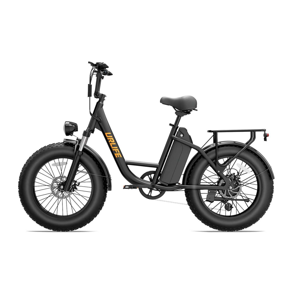 URLIFE E20 Pro, bicicleta eléctrica negra con neumáticos gruesos y portaequipajes, vista lateral