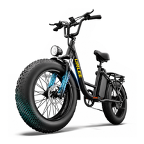 URLIFE E20 Pro, bicicleta eléctrica negra con neumático grueso, vista frontal en ángulo, con horquilla delantera marcada en azul