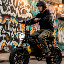Hombre montando la bicicleta eléctrica fat bike URLIFE T16 en color negro con casco por la ciudad