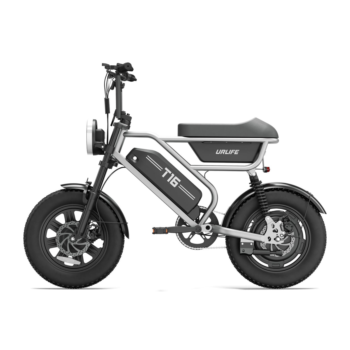 Bicicleta eléctrica fat bike URLIFE T16 vista de lado en color plateado