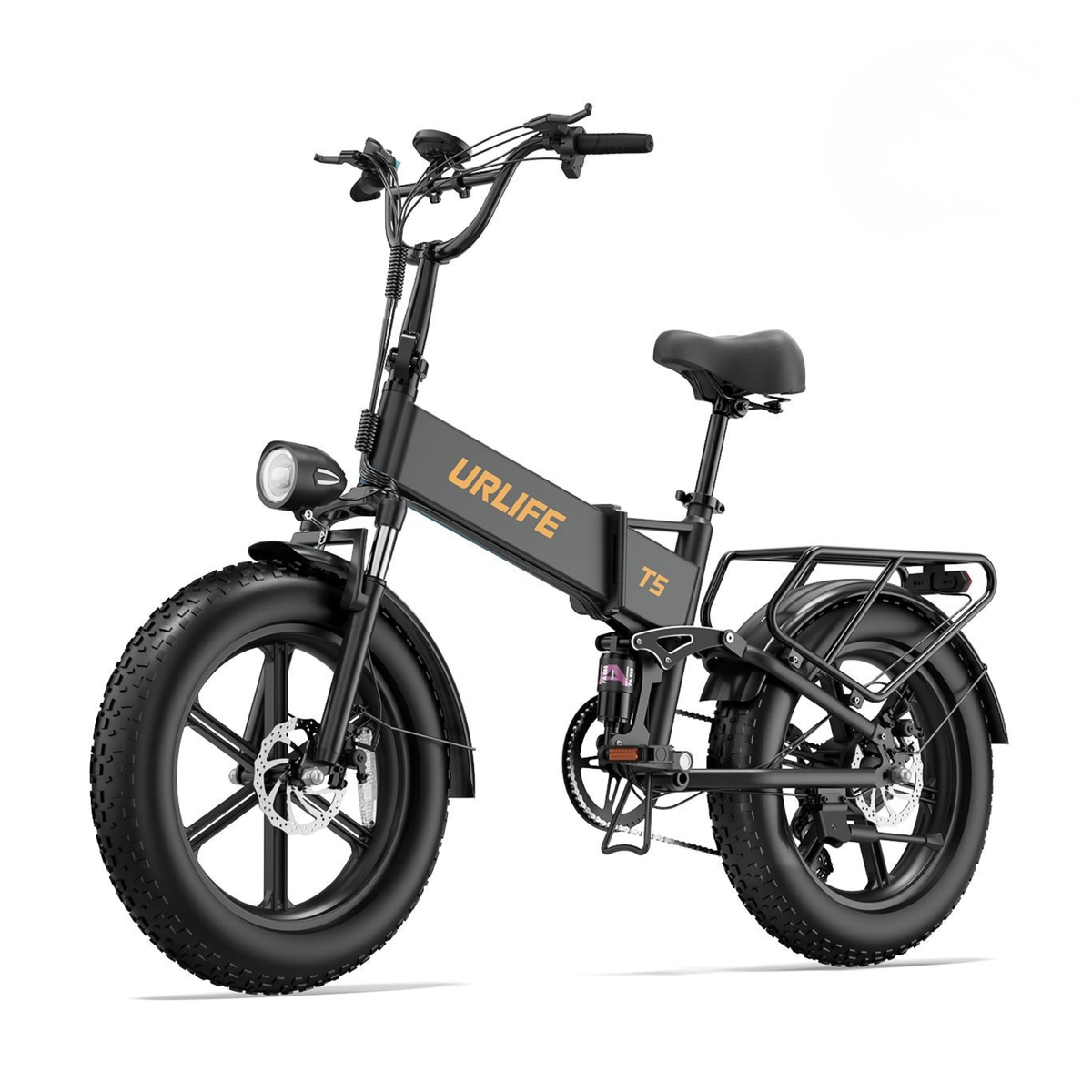 URLIFE T5 bicicleta eléctrica plegable negra vista en diagonal desde delante con neumáticos anchos, faro delantero y portaequipajes