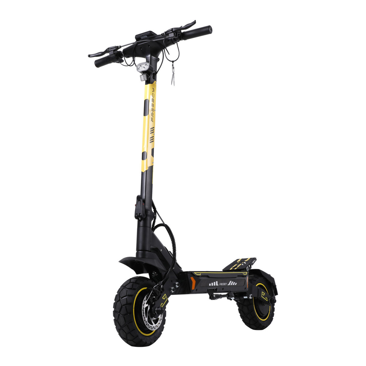 Wheely - H7 patinete eléctrico visto en diagonal desde delante con columna de dirección amarilla y negra