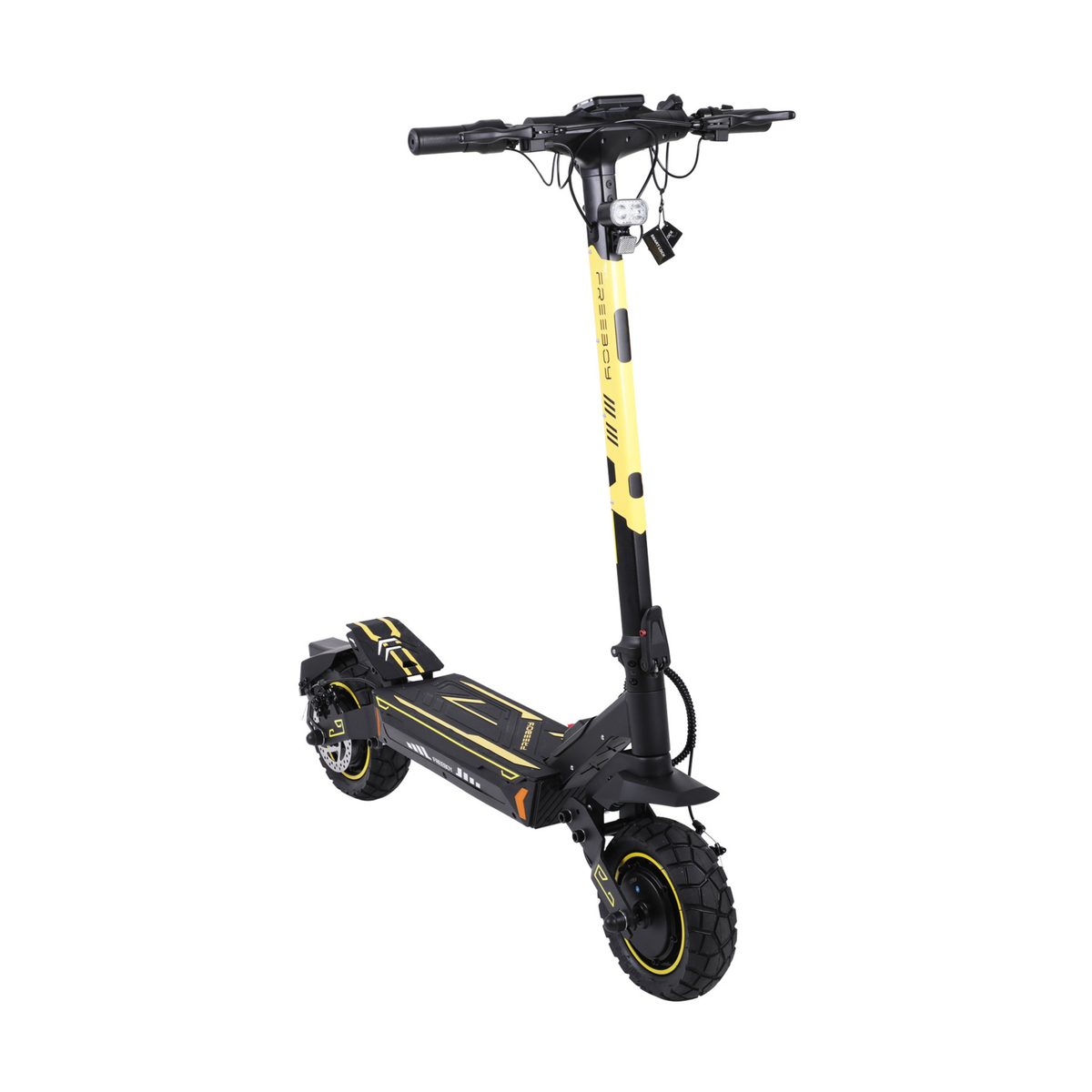 Wheely - H7 patinete eléctrico en negro y amarillo con columna de dirección erguida, visto en diagonal desde delante