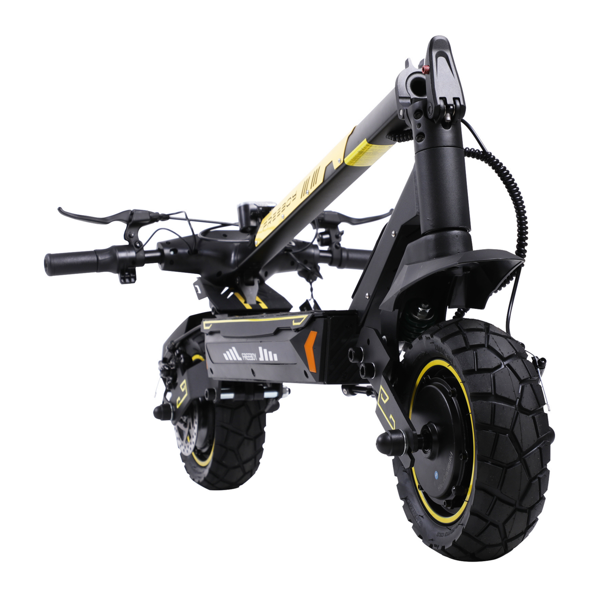 Wheely - H7 patinete eléctrico en negro y amarillo con columna de dirección plegada y neumáticos de dibujo grueso