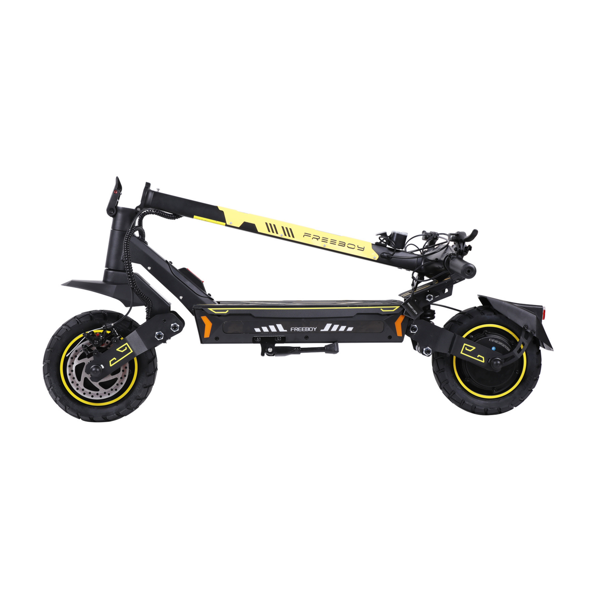 Wheely - H7 patinete eléctrico de lado con la columna de dirección plegada y pata de apoyo visible