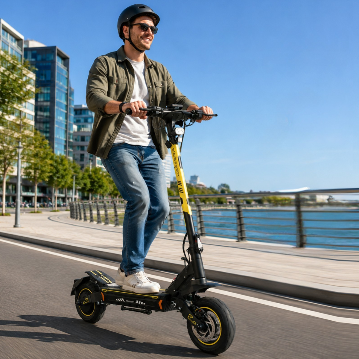 Hombre con casco conduce un patinete eléctrico Wheely - H7 por un muelle junto al agua