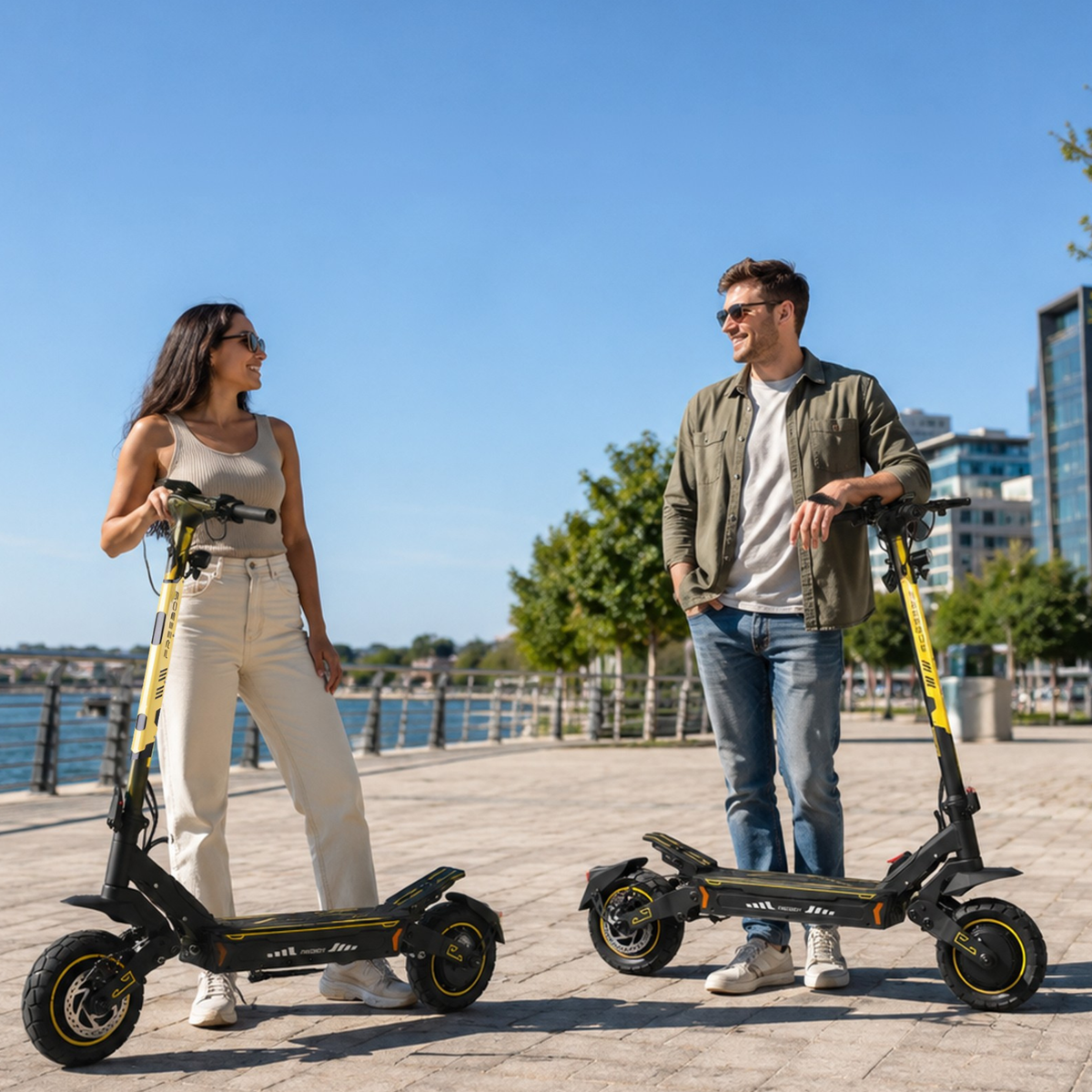 Una mujer y un hombre de pie junto a sendos Wheely - H7 en un muelle
