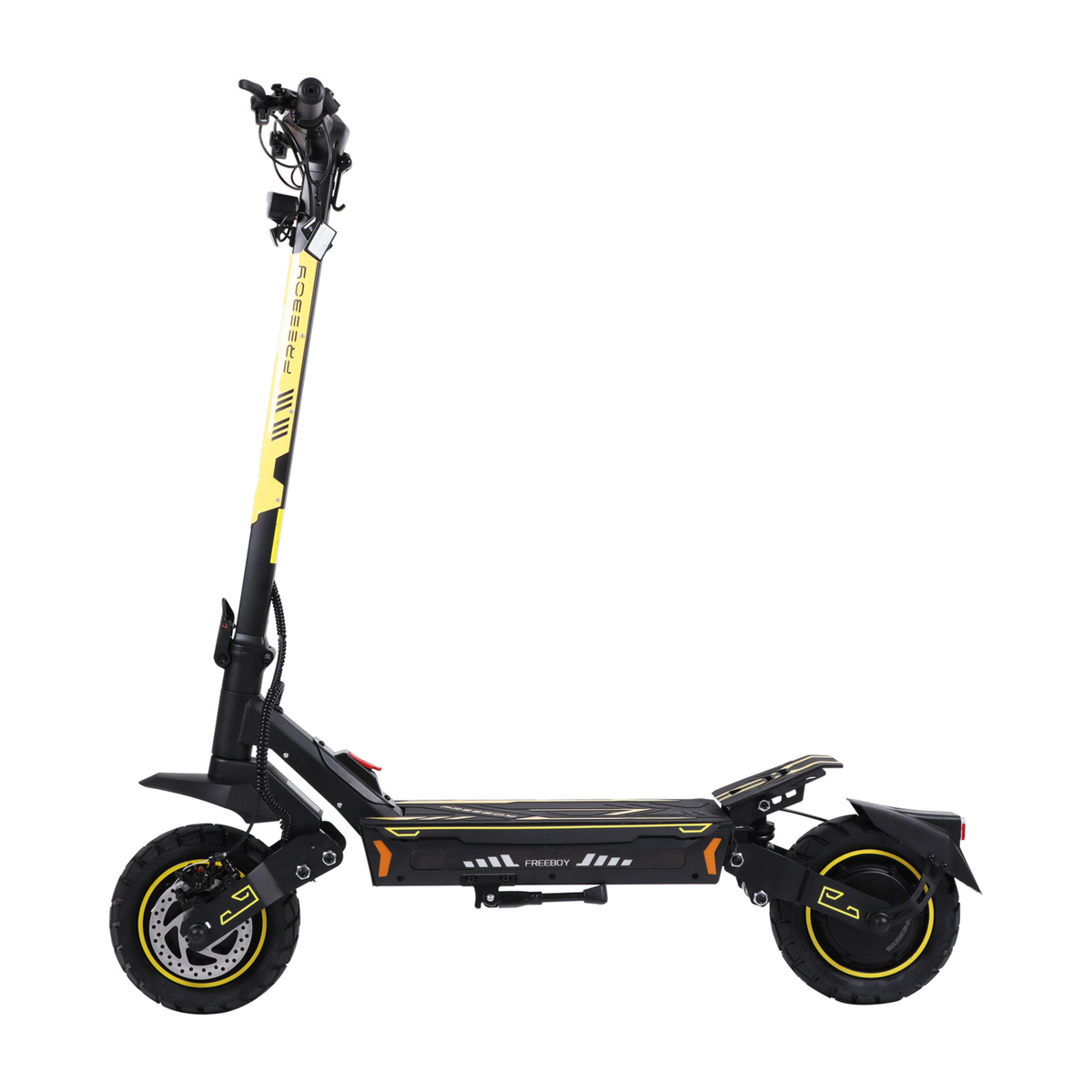 Wheely - H7 patinete eléctrico visto de lado con plataforma, pata de apoyo y dos ruedas