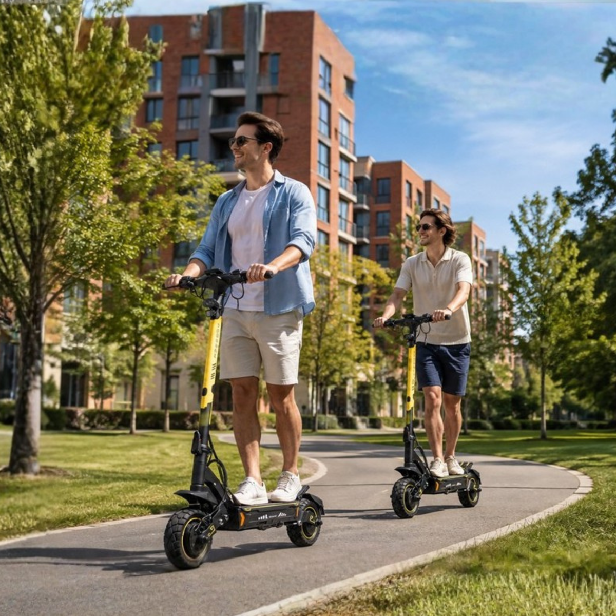 Dos hombres conducen cada uno un Wheely - H7 por un camino peatonal en un parque