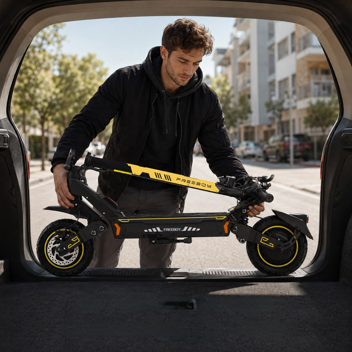 Hombre metiendo un patinete eléctrico negro y amarillo plegado en el maletero de un coche, visto desde el interior del coche