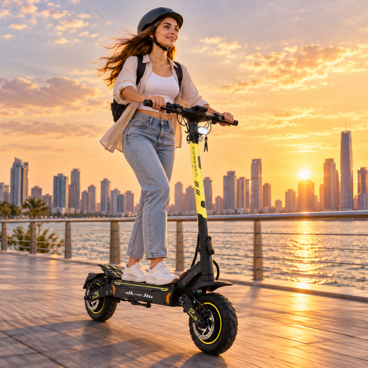Mujer con casco conduce un Wheely - H7 por un muelle al atardecer con el perfil de la ciudad al fondo