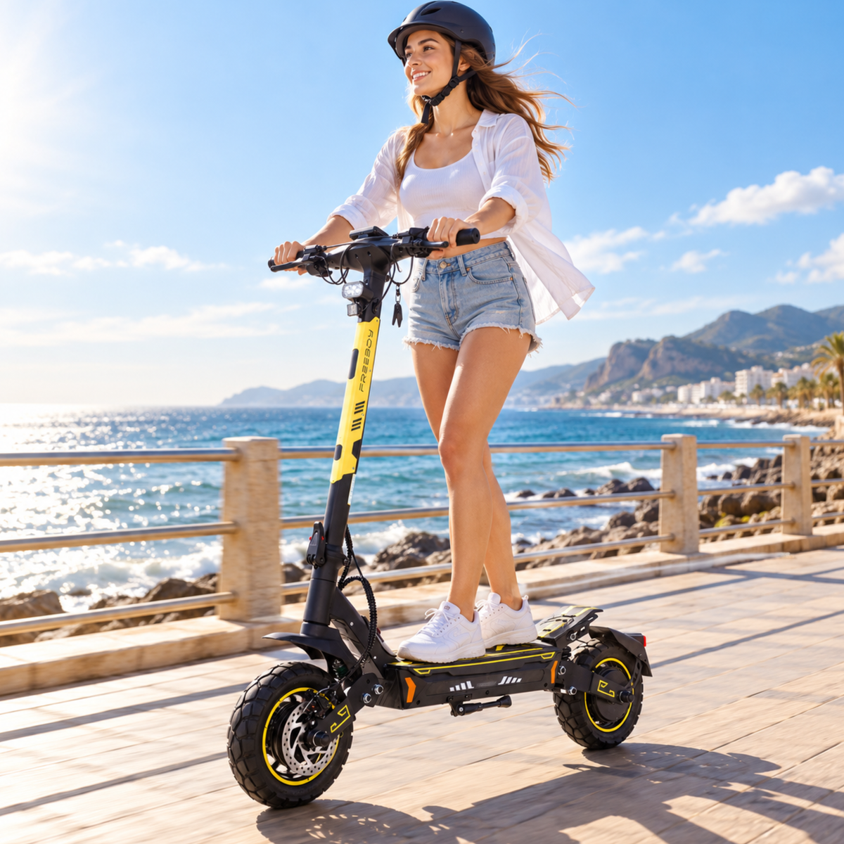 Mujer con casco conduce un Wheely - H7 por un paseo marítimo junto al mar en un día soleado