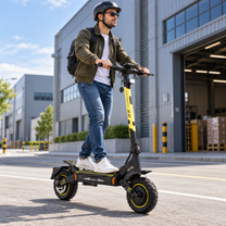 Hombre con casco y gafas de sol conduce un Wheely - H7 por una carretera frente a un edificio industrial