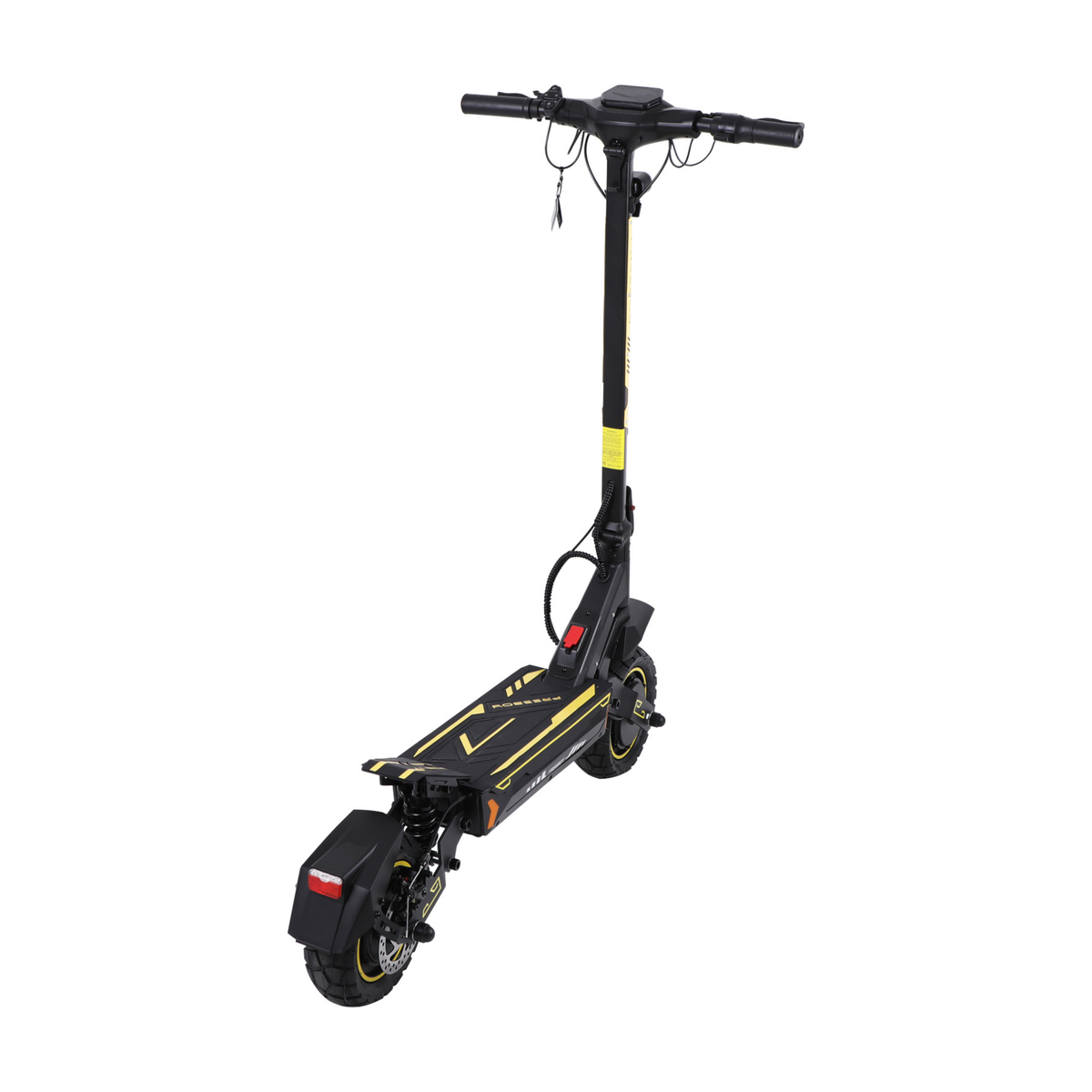 Wheely - H7 patinete eléctrico visto en diagonal desde atrás con manillar, plataforma y guardabarros trasero con luz trasera roja