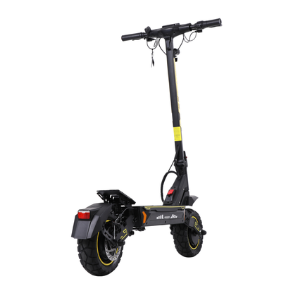 Wheely - H7 patinete eléctrico visto en diagonal desde atrás con rueda trasera, freno de disco, guardabarros y detalles amarillos