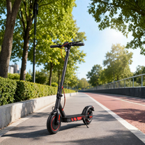Patinete eléctrico Wheely J04 en vista frontal en ángulo en la carretera